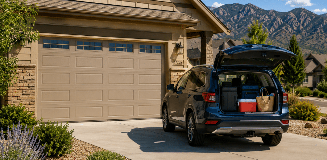 Suburban home with car ready for travel