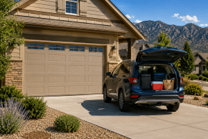 Suburban home with car ready for travel