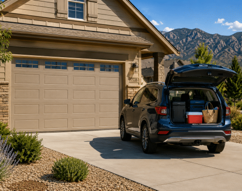 Suburban home with car ready for travel