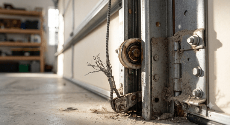 Close up of an aging garage door cable, roller and bottom bracket