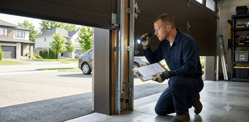 professional garage door technician performing a detailed inspection on a modern residential sectional garage door