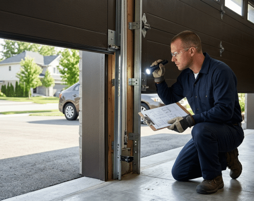 professional garage door technician performing a detailed inspection on a modern residential sectional garage door