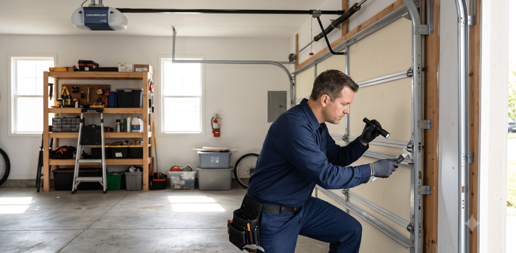 residential garage with a professional technician performing a detailed inspection