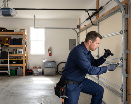 residential garage with a professional technician performing a detailed inspection