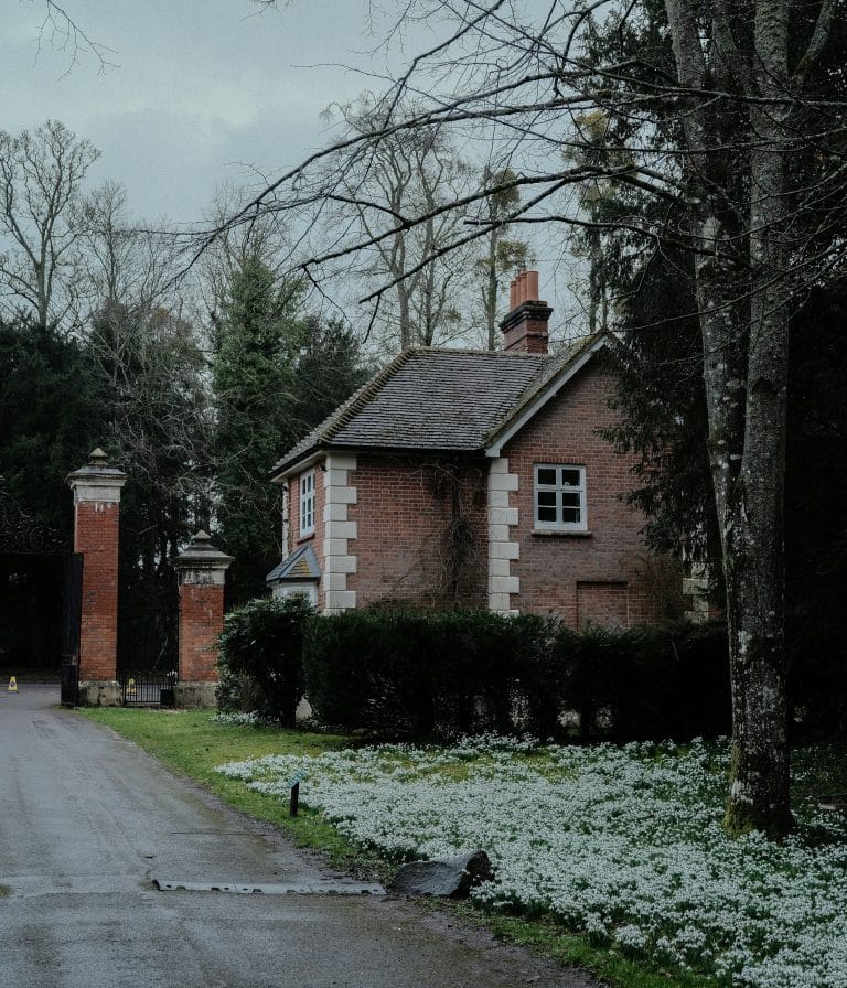 Brick cottage with white flowers