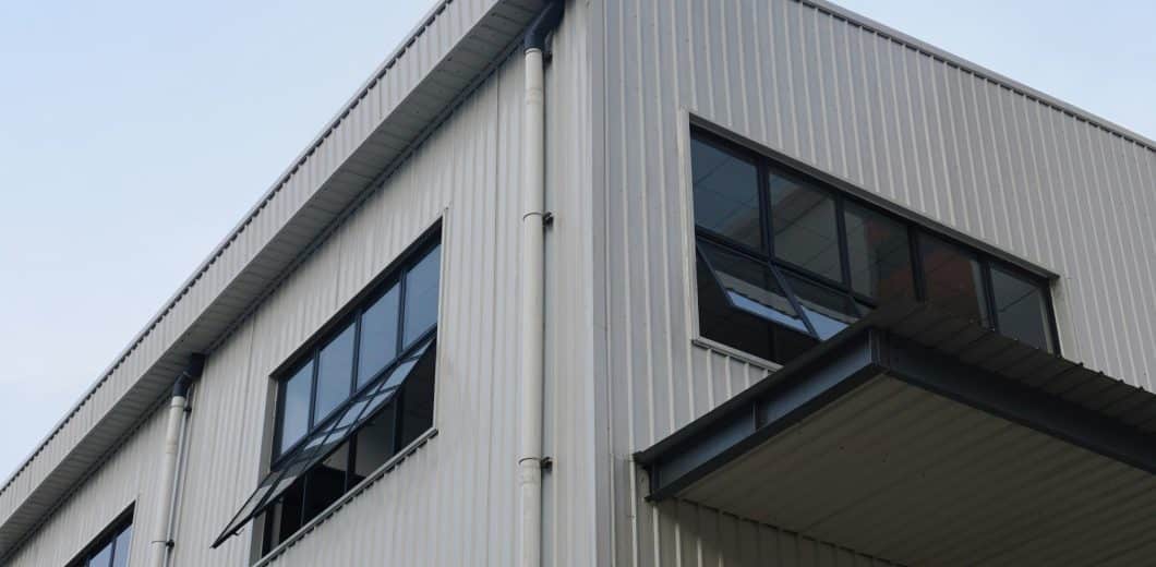 Modern industrial building with large windows