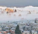 Quiet residential neighborhood under morning fog at sunrise